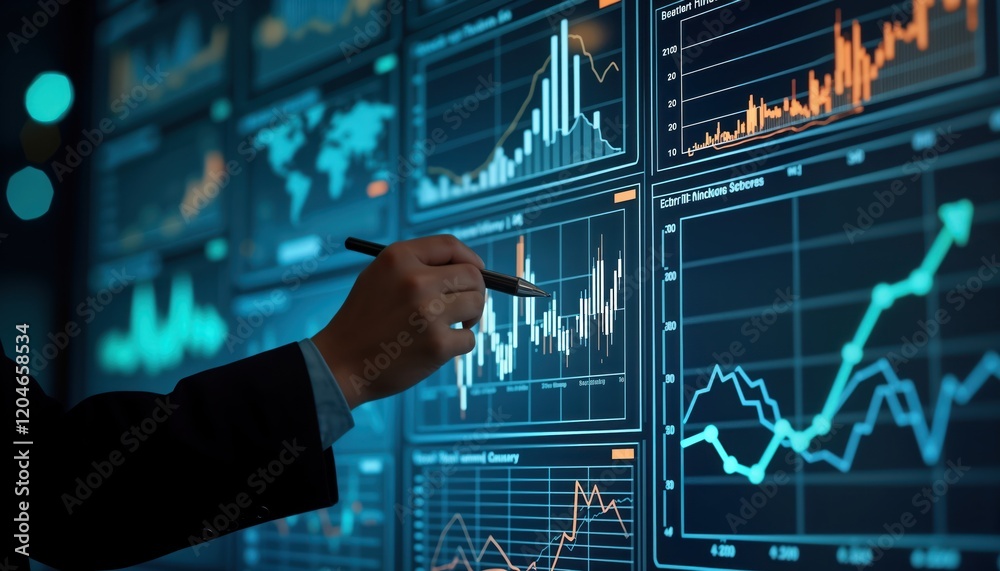 Aufkleber person analyzes big data charts on virtual screen. business intelligence dashboard displays global s
