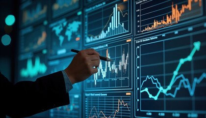 Person analyzes big data charts on virtual screen. Business intelligence dashboard displays global statistic graphs, economic indicators. Person uses stylus to point to data trends on interactive