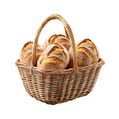 Freshly Baked Bread in a Rustic Woven Basket Isolated on transparent background