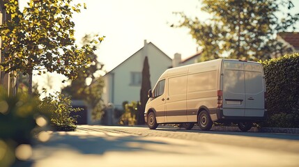 Delivery van parked on residential street at sunset.