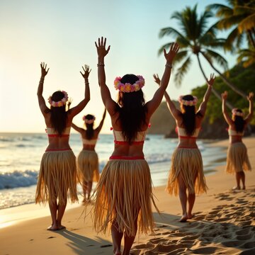 Group of women perform hula dance on beach at sunset. Dancers wear traditional Hawaiian skirts, flower leis. Happy expressions, joyful energy. Beautiful scenery with ocean, palm trees in background.