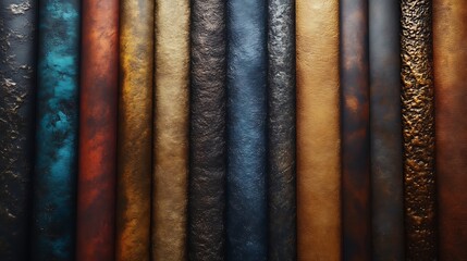 Rolled textured metallic fabric samples display various colors