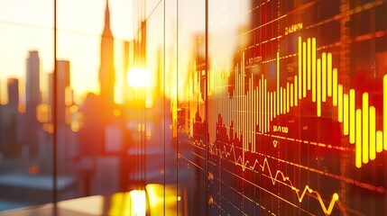 Financial data displayed on a large screen in a modern city at sunset.