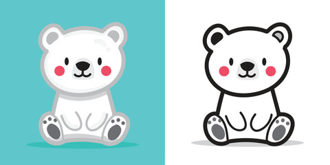 A cute polar bear doll cartoon illustration for a sticker design element or coloring book element