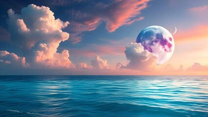 "A dreamlike seascape blending reality and fantasy. The calm waves of the ocean reflect a spectrum of pastel hues, while the sky above is adorned with vibrant, cotton-candy clouds.