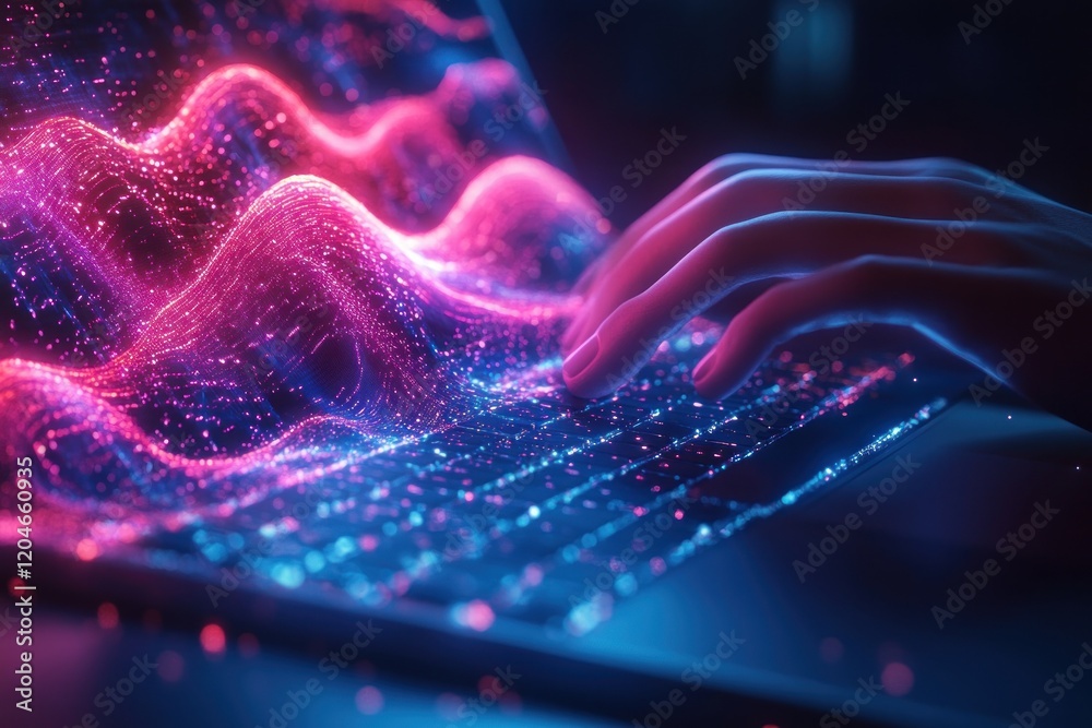 Aufkleber Futuristic Digital Workspace with AI Technology and Data Visualization in Cyberpunk Style