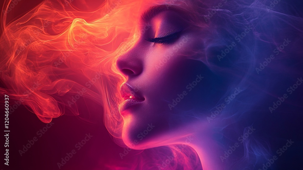 Wall mural Woman, smoke, red, blue, hair, profile, dark, beauty, fantasy, art