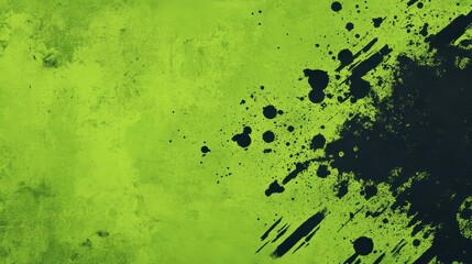 Green grunge background with black ink splatter and rough textured effects creating a bold and creative abstract design