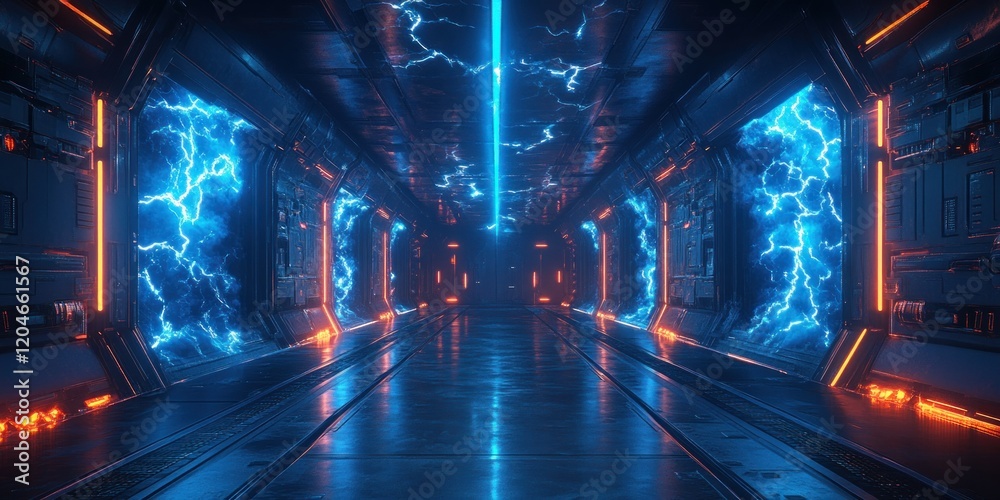 Poster futuristic cyberpunk hallway with glowing blue lightning bolts high contrast moody atmosphere 3d ren