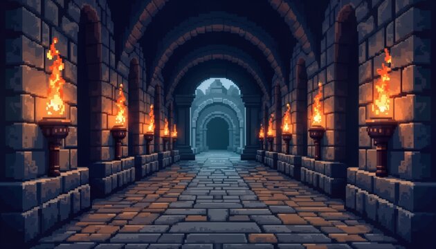 Dark stone hallway lit by torches. Medieval atmosphere. Pixel art style evokes dungeon castle. Image suitable for game design fantasy art projects. Torches cast warm light. Pathway extends into