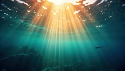 Obraz premium Sunlight beams through ocean depths. Stunning underwater scene shows serenity, beauty of ocean. Abstract defocused backdrop shows ocean life. Tranquil mysterious aquatic scene. Ocean floor, sunlight