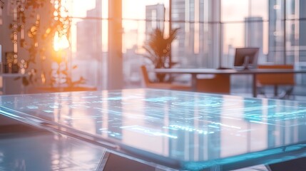 Futuristic transparent table with interactive holographic display in modern office at sunset.
