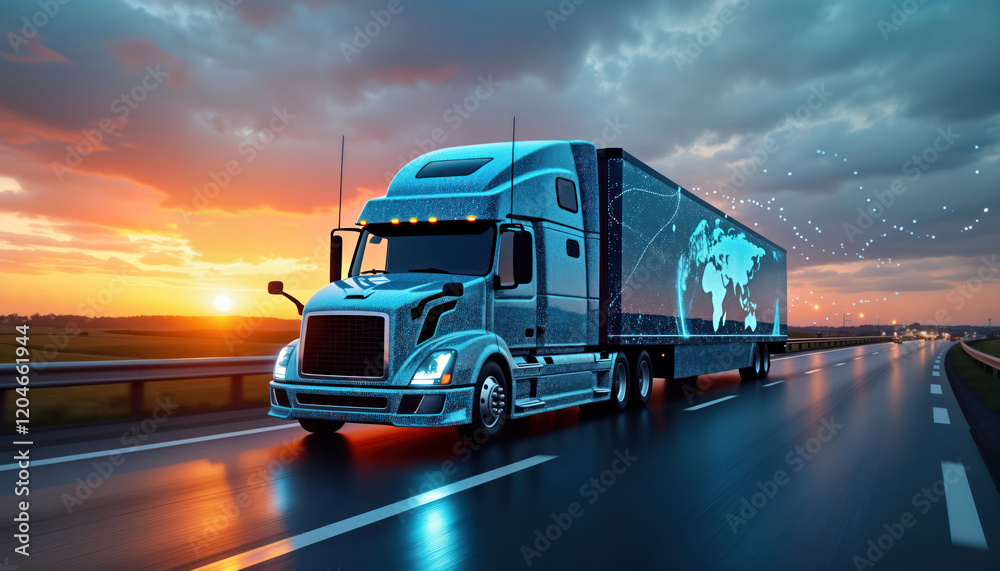 Aufkleber futuristic truck moves along highway at sunset. digital network map displayed on trailer. advanced t