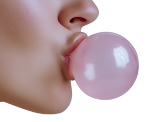 Profile closeup side view of bubble gum, a woman blowing a bubble with pink bubblegum. Isolated on transparent background