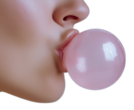 Profile closeup side view of bubble gum, a woman blowing a bubble with pink bubblegum. Isolated on transparent background