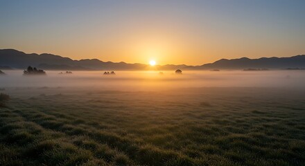 Fototapeta premium Serene natural landscape of a foggy valley at sunrise with majestic mountains, concept for travel photography, nature exploration and outdoor adventure