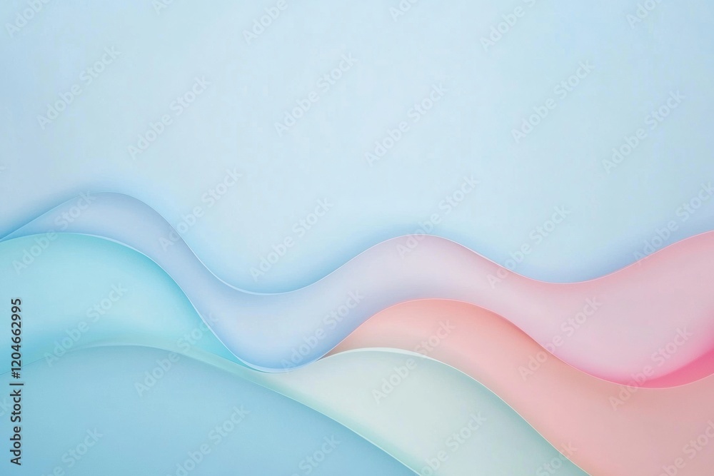 Poster abstract waves of soft pastel colors flowing gently across a serene light blue background. generativ