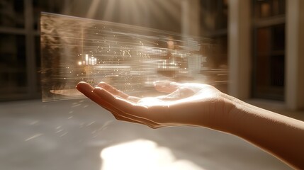 Hand holding a transparent digital screen displaying data and graphs.