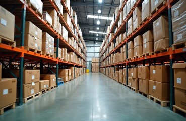 Large warehouse filled with goods. High shelves are stacked with cardboard boxes on pallets. Modern and organized storage. Goods ready for distribution and shipment.