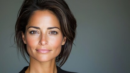 Confident woman portrait, neutral background, headshot