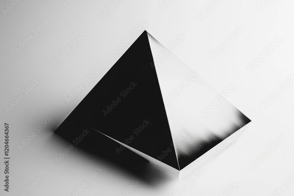 Poster geometric black pyramid sculpture casting shadows on a light background. generative ai