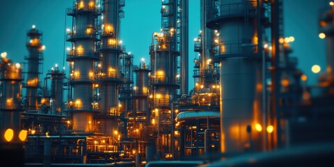Fototapeta premium Industrial action illuminated refinery operations urban environment concept of modern energy production