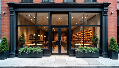 Urban modern shop facade with large windows, brick wall. Empty interior with tables, shelves visible through glass. Stylish contemporary design. Exterior view of retail business. New building in city