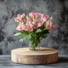 bouquet of pink alstroemeria in vase on wooden stand
