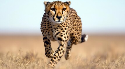 Naklejka premium Cheetah sprinting at full speed across the dry grassy plains of the African savanna during the day.