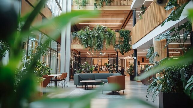 Lush green plants fill a modern office atrium with seating and natural wood.