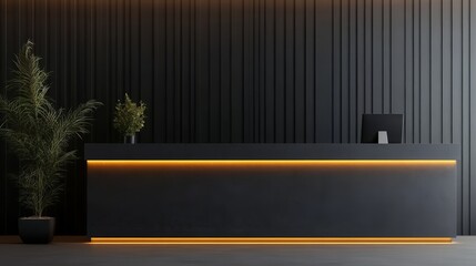 Obraz premium Modern reception desk with a sleek design and ambient lighting.