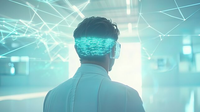 Man in VR headset, digital brain scan overlay, futuristic technology concept.