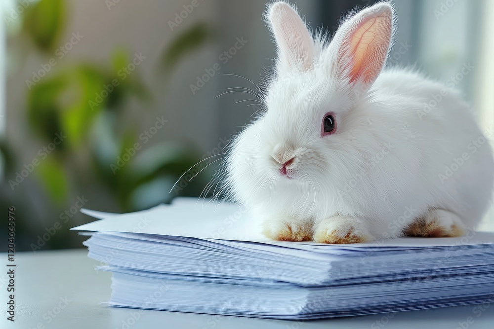 Wall mural Cute fluffy white rabbit sitting on a stack of blank paper in a sunlit room with soft green plants in the background bringing a fresh ambiance and charm to the scene