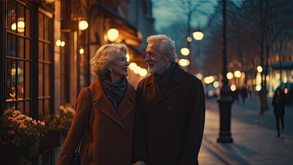 Fototapeta premium Senior couple walking arm in arm on a cozy city street with a warm light glow. Ideal for illustrating love, intimacy, or serene urban moments.