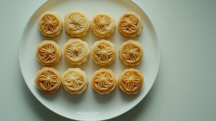 An Aesthetic Arrangement of Multiple Moon Cakes on a White Ceramic Plate with Bright Lighting Displaying Soft Textures and Ample Copy Space