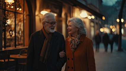 Obraz premium Elderly couple holding hands while walking on a city street during twilight, surrounded by glowing lights. Great for concepts of love, aging gracefully, or urban life.