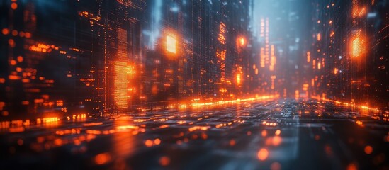 Futuristic city street at night with glowing orange lights.