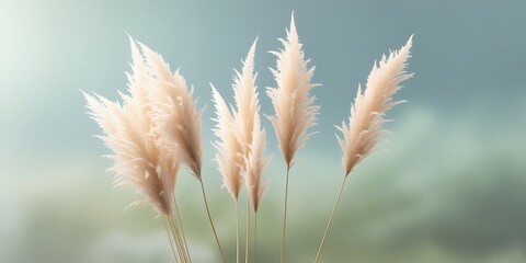 Soft pampas grass swaying in the breeze against a dreamy pastel background, creating a tranquil and elegant nature scene with warm tones and a peaceful atmosphere

