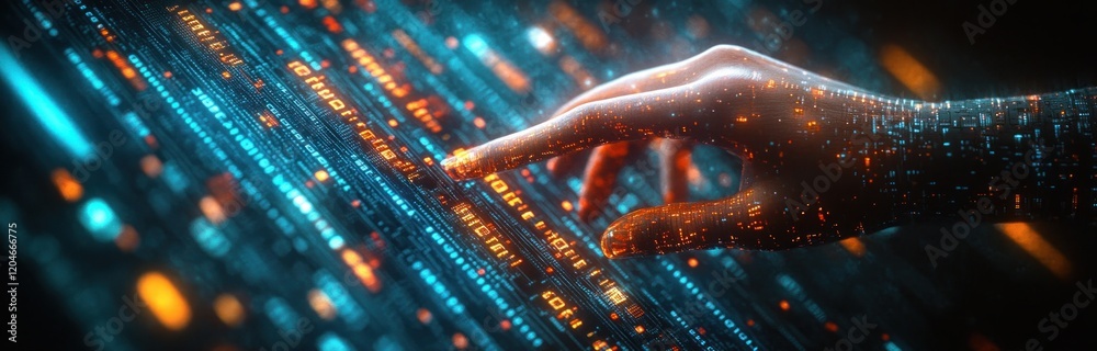 Poster Futuristic Digital Workspace Holographic Data Interaction Cyberpunk Technology and Software Development