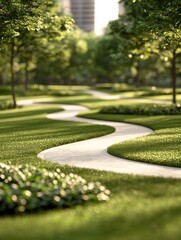 Fototapeta premium A serene, winding pathway through a lush green park, surrounded by trees and grass, inviting leisurely strolls.