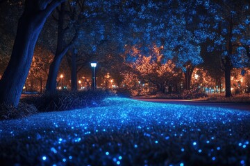 Obraz premium Night Park Scene Illuminated With Blue Lights