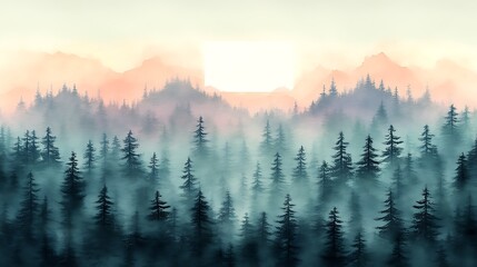 Obraz premium Misty Mountain Forest Sunrise Scene