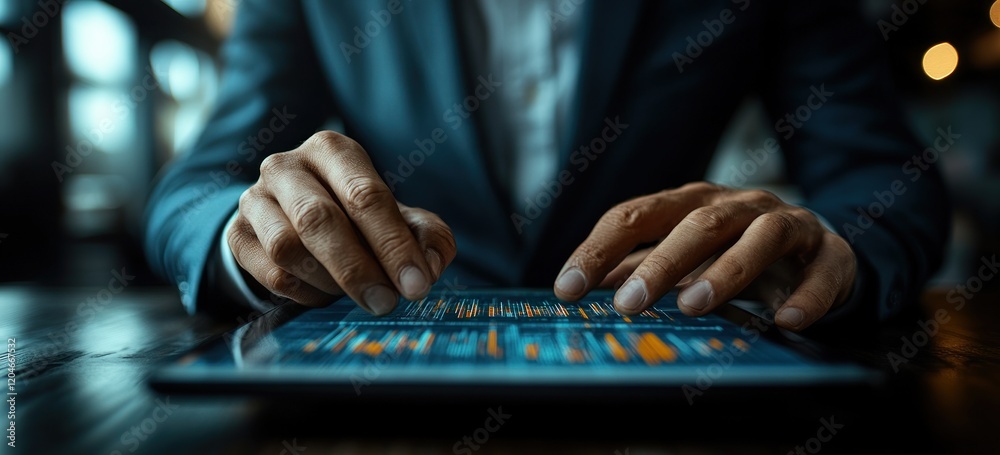 Poster businessman analyzing sales data and financial reports on digital tablet with growth charts and mark