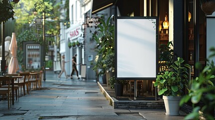 Blank Sign Stands Outside Urban Coffee Shop