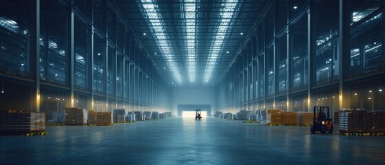 Industrial Warehouse Interior With Forklifts And Pallets