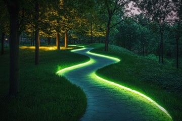 Obraz premium Illuminated Winding Path Through A Nighttime Forest