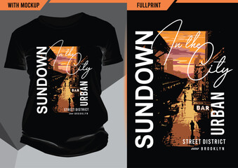 Sundown design typography with t-shirt mockup, vector illustration