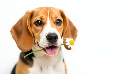 Dog portrait with a flower on white background with empty copyspace