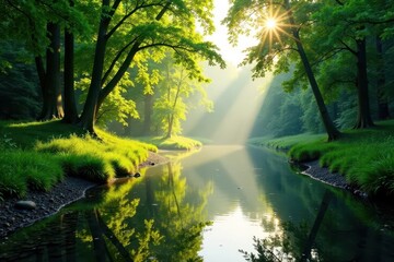 Fototapeta premium Riverbank with lush greenery, early morning light filtering through trees, nature, verdant, sunlight