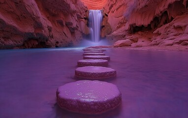 Surreal purple canyon waterfall with stepping stones.